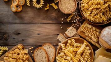 ai gegenereerd top visie van een houten achtergrond presentatie van divers glutenvrij pasta, brood, en hapjes, ai gegenereerd. foto