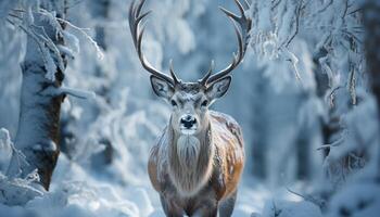 ai gegenereerd een majestueus hert blikken, omringd door besneeuwd wildernis en kalmte gegenereerd door ai foto