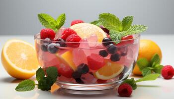 ai gegenereerd versheid van zomer fruit in een gezond, fijnproever toetje kom gegenereerd door ai foto