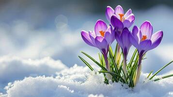 ai gegenereerd Purper krokussen voortvarend door de sneeuw, een mooi symbool van vroeg de lente aankomst. ai gegenereerd. foto