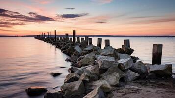 ai gegenereerd stenen rust uit in de meer, omarmd door de teder tinten van zonsopkomst in een boeiend landschap. ai gegenereerd. foto