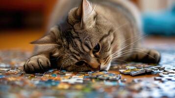 ai gegenereerd schattig kat verdiept in een decoupeerzaag puzzel, toevoegen een grillig aanraken, ai gegenereerd. foto