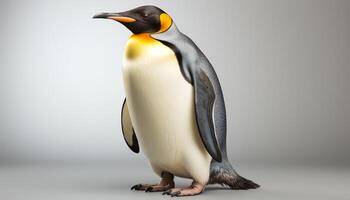 ai gegenereerd schattig pinguïn waggelen Aan ijs, op zoek Bij camera, glimlachen gegenereerd door ai foto
