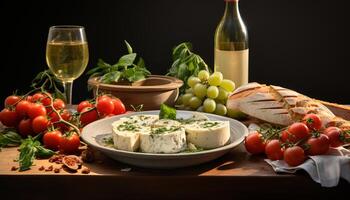 ai gegenereerd versheid en verscheidenheid Aan de tafel tomaat, druif, brood, Camembert, wijn gegenereerd door ai foto