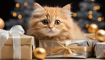 ai gegenereerd schattig katje op zoek Bij klein goud geschenk, vieren Kerstmis gegenereerd door ai foto