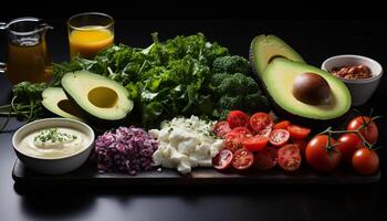 ai gegenereerd versheid van natuur avocado, tomaat, groente, salade, biologisch, gezond levensstijl gegenereerd door ai foto