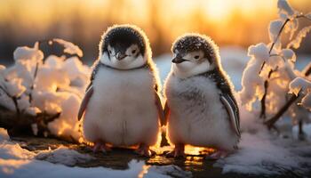 ai gegenereerd schattig pinguïn familie zittend Aan tak, genieten van winter zonsondergang gegenereerd door ai foto