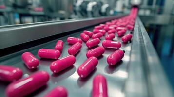 ai gegenereerd gedetailleerd macro schot vangt roze capsules in de productie en inpakken werkwijze Bij een modern farmaceutisch fabriek. ai gegenereerd. foto