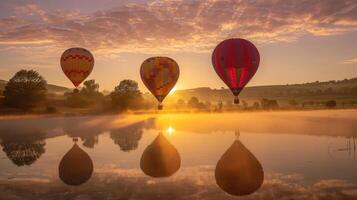 ai gegenereerd heet lucht ballonnen stijgen, een kleurrijk schouwspel tegen de ochtendgloren, ai gegenereerd. foto
