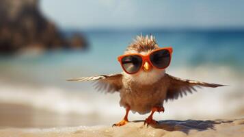 ai gegenereerd ervaring de intensiteit van een vogel springend op de strand in een verbijsterend detailopname foto, ai gegenereerd. foto