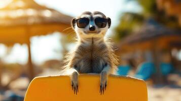 ai gegenereerd een schattig meerkat surfer geniet een leuk gevuld zomer dag Bij de strand, rijden golven met enthousiasme, ai gegenereerd. foto