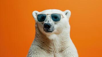 ai gegenereerd polair beer straalt uit koelte in zonnebril tegen een levendig oranje achtergrond, een bevroren icoon in chique stijl, ai gegenereerd. foto