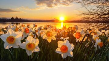 ai gegenereerd voorjaar narcissen gloed in de gouden zonsondergang licht, belichamen vernieuwing en de belofte van hoop. ai gegenereerd. foto