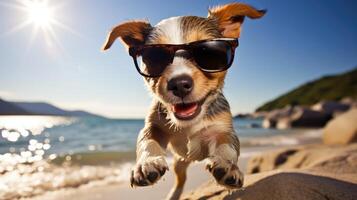 ai gegenereerd energiek puppy sprongen op de strand, schommelen aanbiddelijk zonnebril, een pawfect mengsel van speelsheid, ai gegenereerd. foto