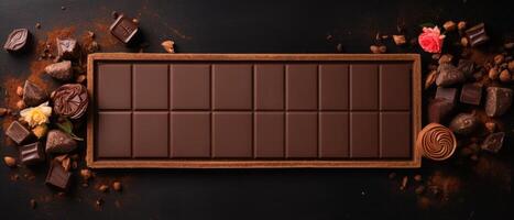 ai gegenereerd een rechthoekig kader van leeg chocola, omringd door blokken van rijk bruin melk chocola, ai gegenereerd. foto