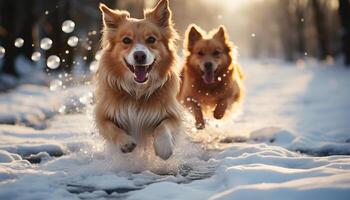ai gegenereerd schattig puppy spelen in de sneeuw, brengen vreugde en geluk gegenereerd door ai foto