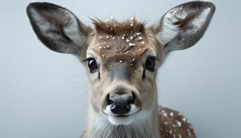 ai gegenereerd schattig hert op zoek Bij camera, natuur portret in sneeuw gegenereerd door ai foto