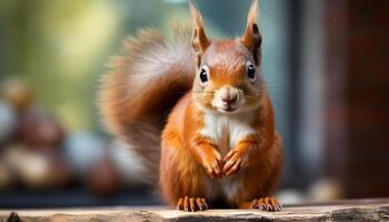 ai gegenereerd schattig pluizig konijn zittend buitenshuis, op zoek Bij camera met alertheid gegenereerd door ai foto