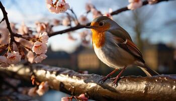 ai gegenereerd een schattig tit neerstrijken Aan een tak, omringd door kers bloesems gegenereerd door ai foto