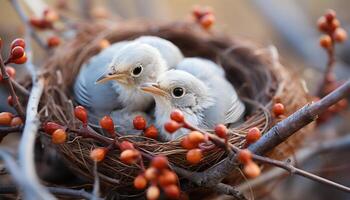 ai gegenereerd schattig baby vogel uitkomen Aan tak, natuur nieuw leven gegenereerd door ai foto