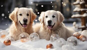ai gegenereerd schattig puppy spelen in de sneeuw, blij en vrolijk gegenereerd door ai foto