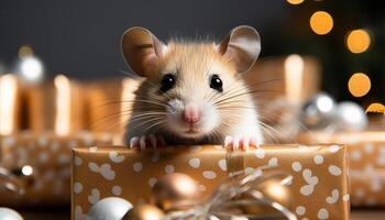 ai gegenereerd schattig klein knaagdier zitten, op zoek Bij camera, omringd door Kerstmis lichten gegenereerd door ai foto