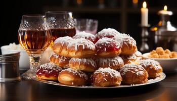 ai gegenereerd toegeeflijk toetje bord fijnproever donut, chocola koekje, zoet snoep gegenereerd door ai foto