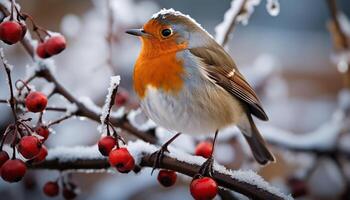 ai gegenereerd schattig vink neerstrijken Aan tak, omringd door besneeuwd kalmte gegenereerd door ai foto