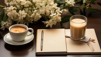 ai gegenereerd koffie kop Aan houten tafel, vers latte met schuimig melk gegenereerd door ai foto