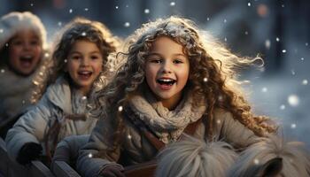 ai gegenereerd glimlachen meisjes spelen in de sneeuw, vrolijk winter pret buitenshuis gegenereerd door ai foto