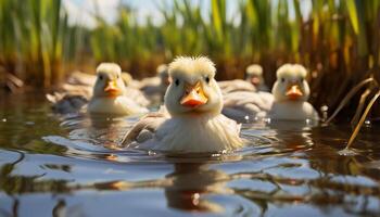 ai gegenereerd schattig eendje zwemmen in vers water, genieten van zomer buitenshuis gegenereerd door ai foto