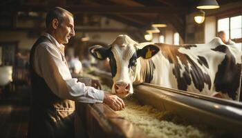 ai gegenereerd een boer in een zuivel boerderij met koeien, werken buitenshuis gegenereerd door ai foto