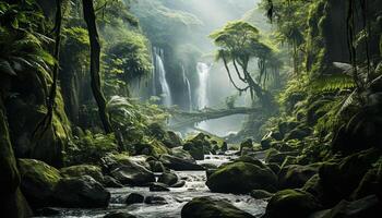 ai gegenereerd rustig tafereel vloeiende water, groen bomen, en mysterieus mist gegenereerd door ai foto