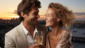 ai gegenereerd glimlachen mannen en Dames genieten romantiek, geluk, en Champagne gegenereerd door ai foto