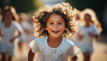 ai gegenereerd glimlachen kinderen genieten van zomer, zorgeloos en speels in natuur gegenereerd door ai foto