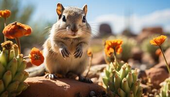 ai gegenereerd schattig klein zoogdier aan het eten gras in de zomer zon gegenereerd door ai foto