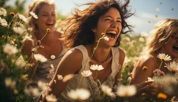 ai gegenereerd glimlachen Dames genieten zorgeloos natuur, vriendschap, en weekend activiteiten samen gegenereerd door ai foto