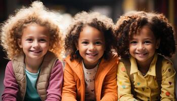 ai gegenereerd glimlachen kinderen, vrolijk en schattig, op zoek Bij camera met geluk gegenereerd door ai foto