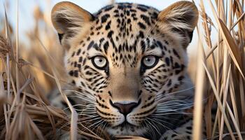 ai gegenereerd majestueus groot kat staren, schuilplaats in wildernis, op zoek Bij camera gegenereerd door ai foto