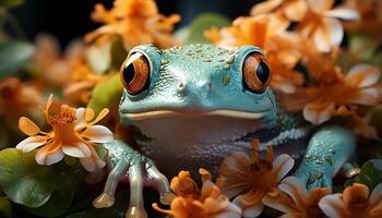 ai gegenereerd schattig pad zittend Aan blad, op zoek Bij camera in Woud gegenereerd door ai foto