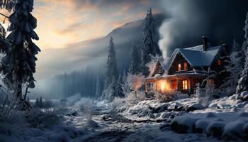 ai gegenereerd winter nacht, sneeuwen, berg landschap, knus huisje, rustig naald- Woud gegenereerd door ai foto
