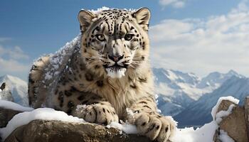 ai gegenereerd majestueus sneeuw luipaard, een groot bedreigd katachtig, staren met sterkte gegenereerd door ai foto