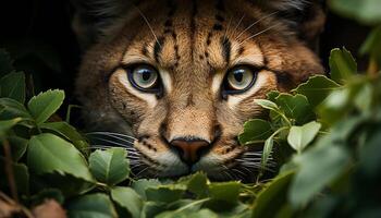 ai gegenereerd Bengalen tijger schuilplaats in Woud, staren Bij camera, wild schoonheid gegenereerd door ai foto