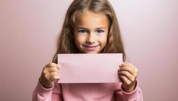 ai gegenereerd glimlachen meisje Holding papier, op zoek Bij camera, uitstralend geluk gegenereerd door ai foto