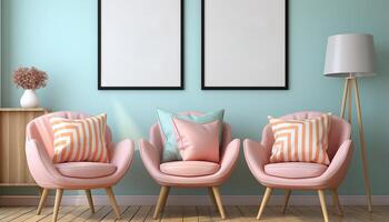 ai gegenereerd modern appartement met comfortabel stoel, gestreept behang, en roze hoofdkussen gegenereerd door ai foto