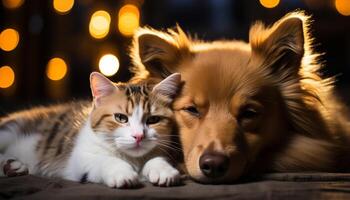 ai gegenereerd schattig huisdieren spelen, op zoek Bij camera, vieren Kerstmis samen gegenereerd door ai foto