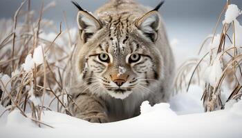 ai gegenereerd majestueus tijger stalken in de sneeuw, dichtbij omhoog portret van schoonheid gegenereerd door ai foto