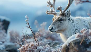 ai gegenereerd een schattig hert in winter, op zoek Bij de besneeuwd landschap gegenereerd door ai foto