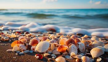 ai gegenereerd rustig kustlijn, blauw water, zanderig strand, zomer vakanties, ontspanning gegenereerd door ai foto