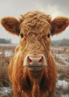 ai gegenereerd een koe staand in voorkant van een wit muur. een bruin koe is gezien omhoog dichtbij, begrazing in een vredig groen veld. foto